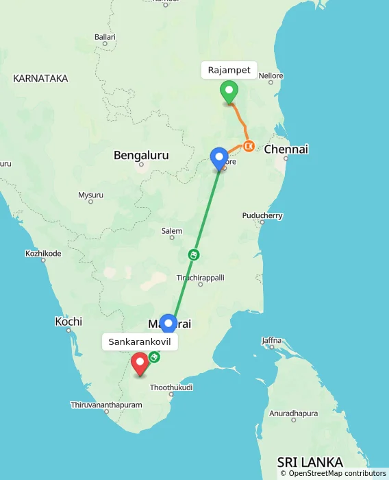 Route map showing distance and travel time from Rajampet, India to Sankarankovil, India