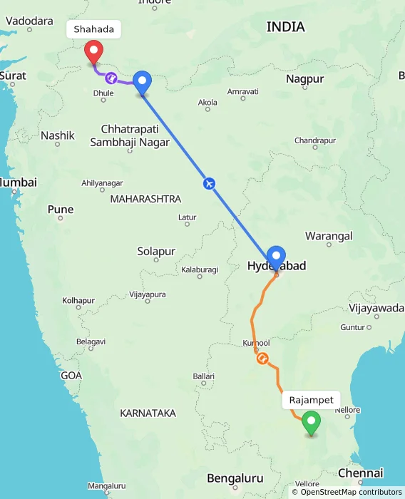 Route map showing distance and travel time from Rajampet, India to Shahada, India