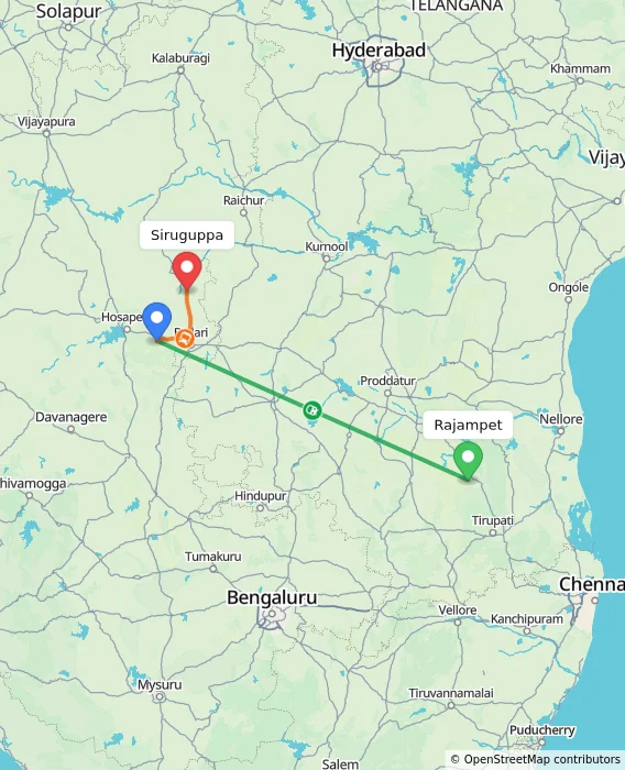 Route map showing distance and travel time from Rajampet, India to Siruguppa, India