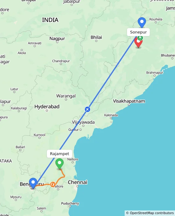 Route map showing distance and travel time from Rajampet, India to Sonepur, India