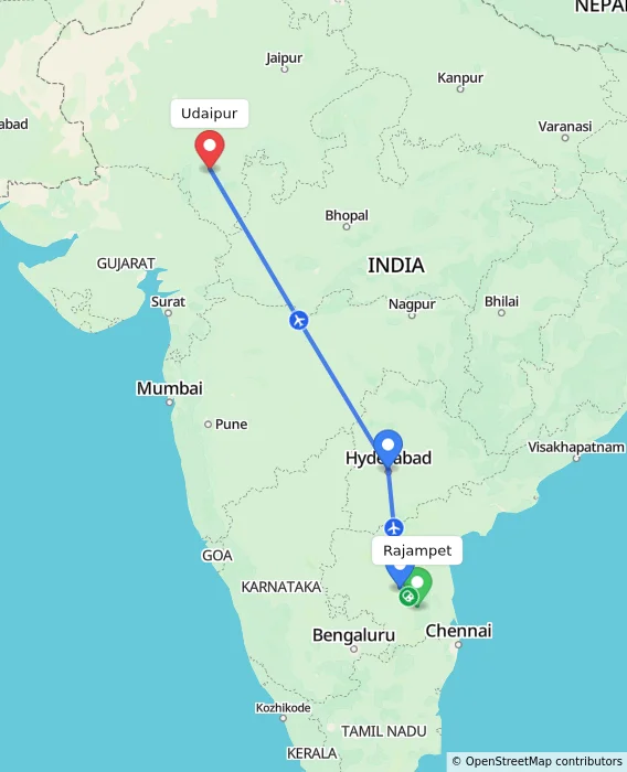 Route map showing distance and travel time from Rajampet, India to Udaipur, India