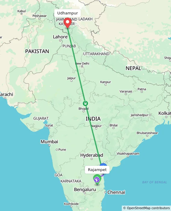 Route map showing distance and travel time from Rajampet, India to Udhampur, India