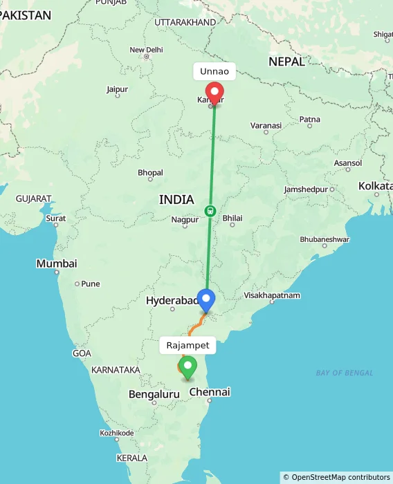 Route map showing distance and travel time from Rajampet, India to Unnao, India