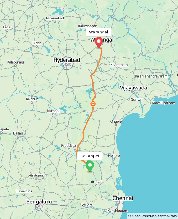 Route map showing distance and travel time from Rajampet, India to Warangal, India