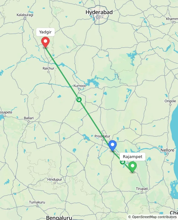 Route map showing distance and travel time from Rajampet, India to Yadgir, India