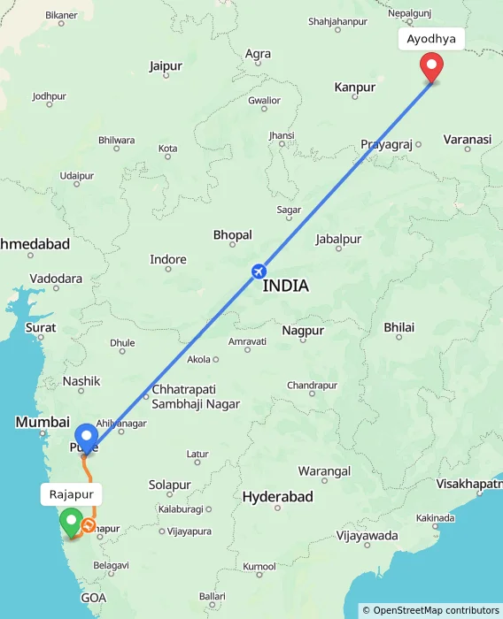Route map showing distance and travel time from Rajapur, India to Ayodhya, India
