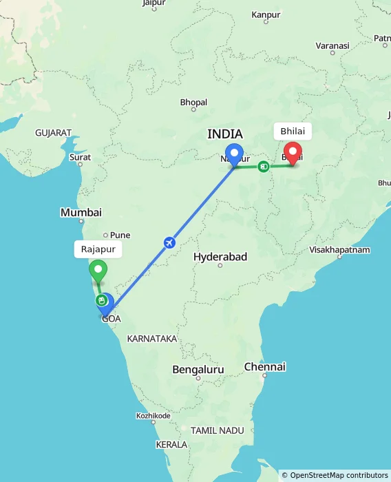 Route map showing distance and travel time from Rajapur, India to Bhilai, India