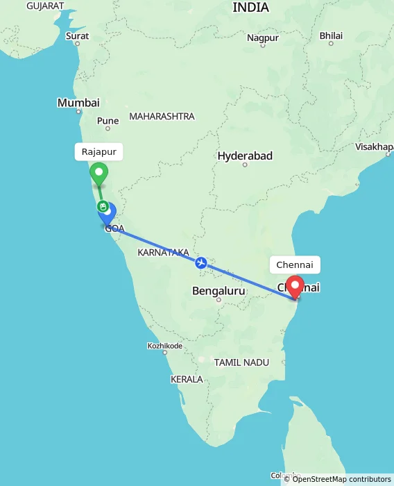 Route map showing distance and travel time from Rajapur, India to Chennai, India