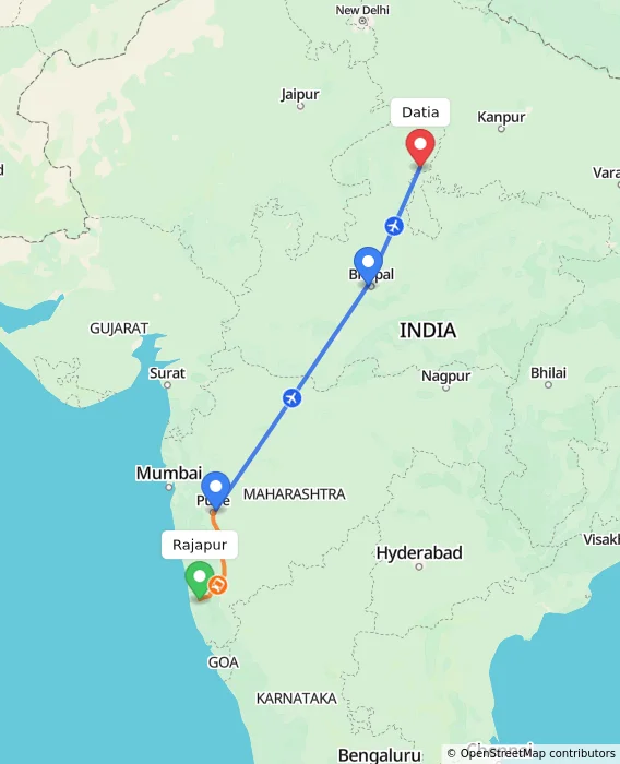 Route map showing distance and travel time from Rajapur, India to Datia, India