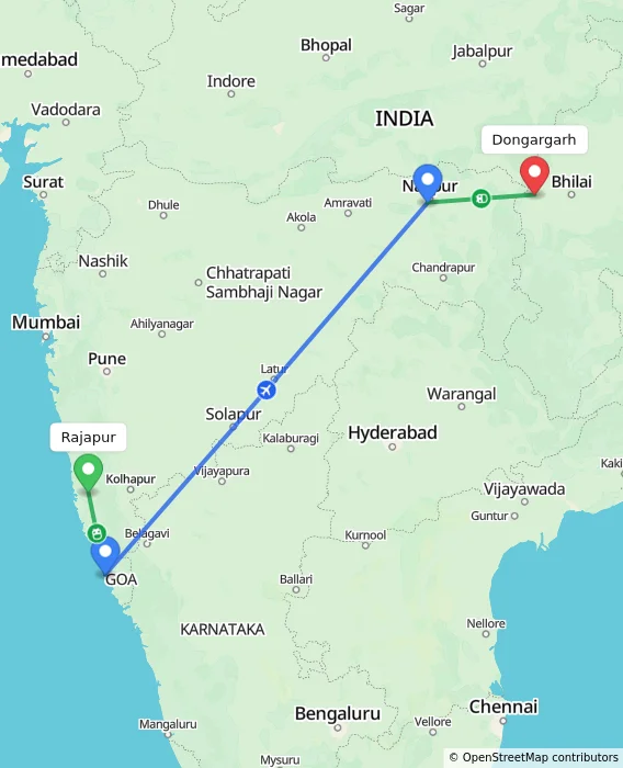 Route map showing distance and travel time from Rajapur, India to Dongargarh, India