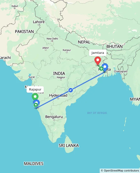 Route map showing distance and travel time from Rajapur, India to Jamtara, India