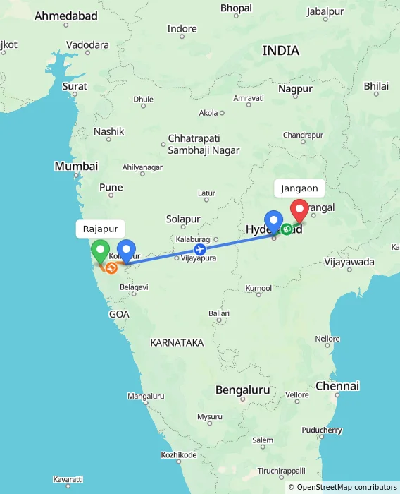 Route map showing distance and travel time from Rajapur, India to Jangaon, India