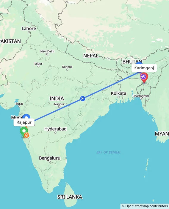 Route map showing distance and travel time from Rajapur, India to Karimganj, India