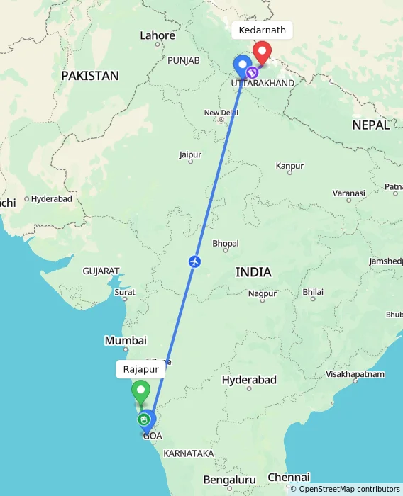 Route map showing distance and travel time from Rajapur, India to Kedarnath, India