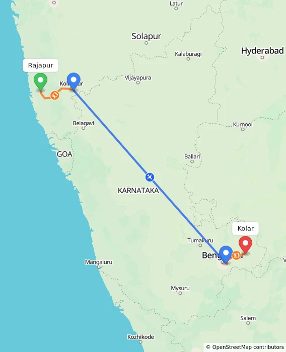 Route map showing distance and travel time from Rajapur, India to Kolar, India