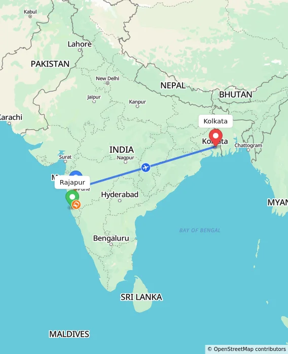 Route map showing distance and travel time from Rajapur, India to Kolkata, India