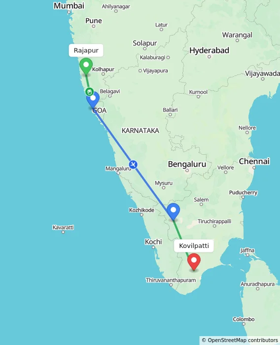 Route map showing distance and travel time from Rajapur, India to Kovilpatti, India