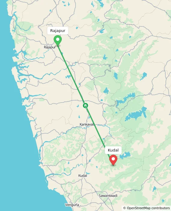 Route map showing distance and travel time from Rajapur, India to Kudal, India