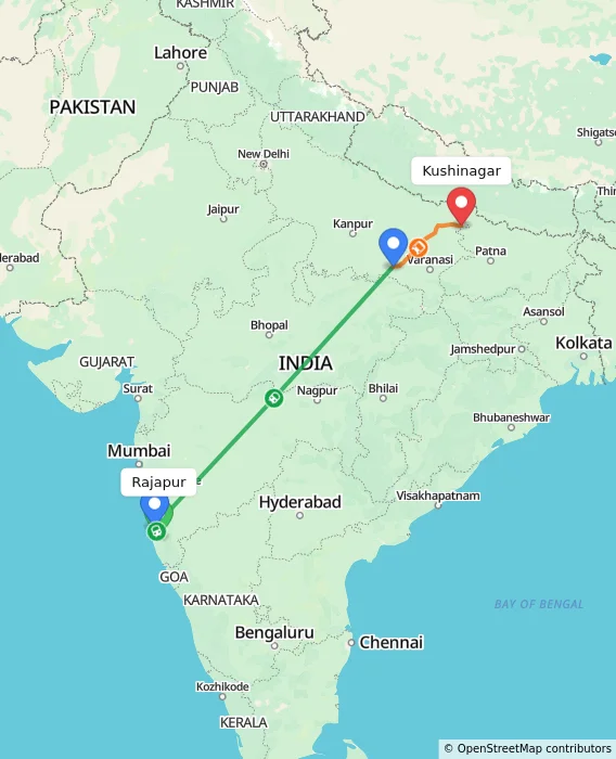 Route map showing distance and travel time from Rajapur, India to Kushinagar, India