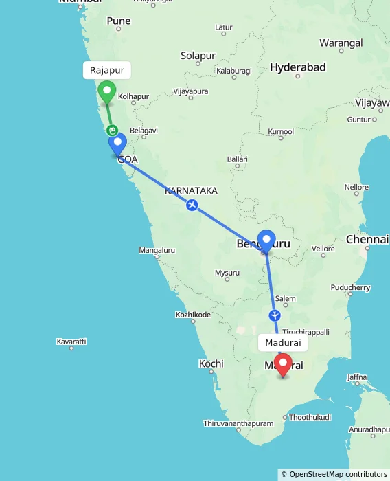 Route map showing distance and travel time from Rajapur, India to Madurai, India