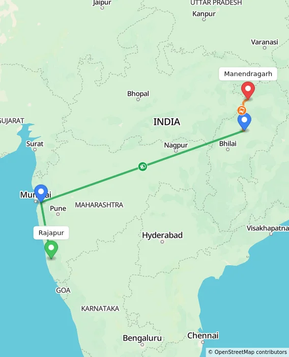 Route map showing distance and travel time from Rajapur, India to Manendragarh, India