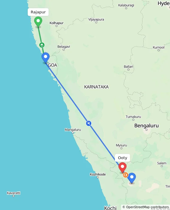 Route map showing distance and travel time from Rajapur, India to Ooty, India