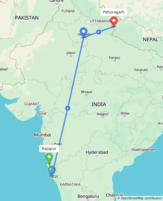 Route map showing distance and travel time from Rajapur, India to Pithoragarh, India
