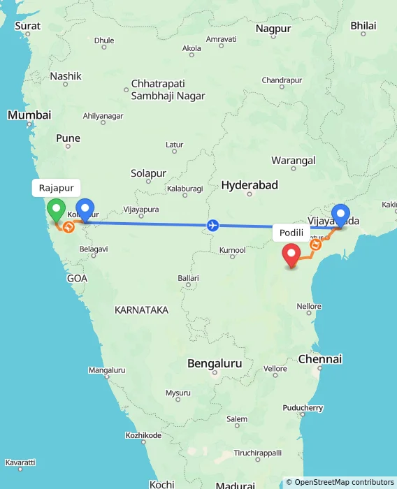 Route map showing distance and travel time from Rajapur, India to Podili, India
