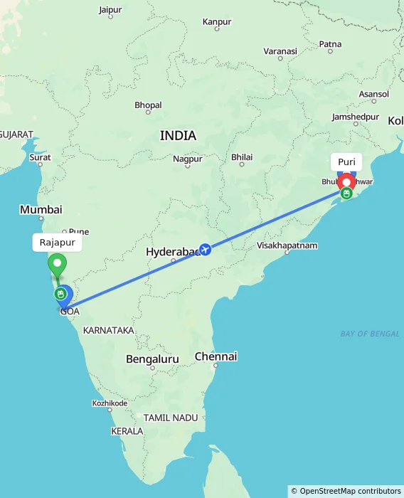 Route map showing distance and travel time from Rajapur, India to Puri, India