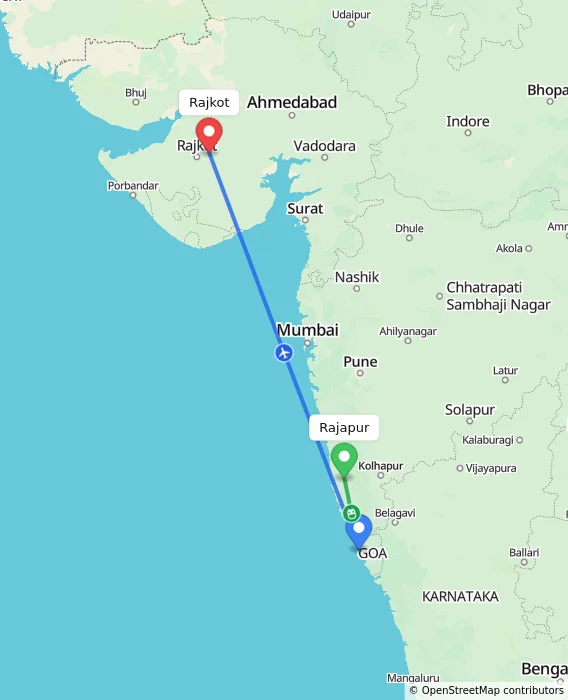 Route map showing distance and travel time from Rajapur, India to Rajkot, India