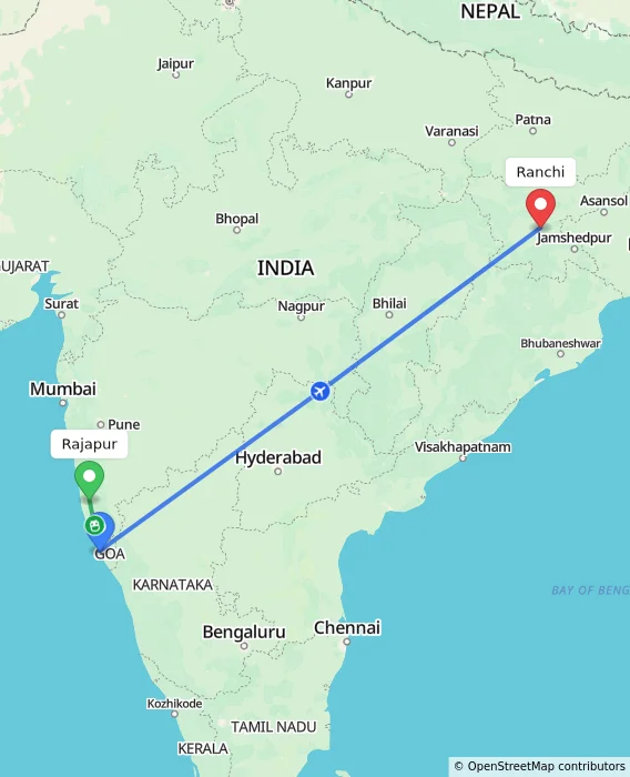 Route map showing distance and travel time from Rajapur, India to Ranchi, India