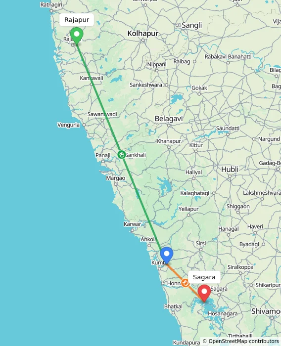 Route map showing distance and travel time from Rajapur, India to Sagara, India