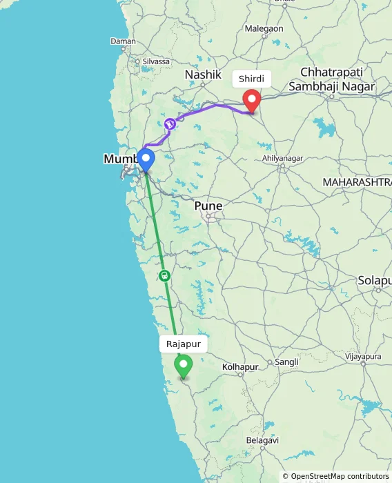 Route map showing distance and travel time from Rajapur, India to Shirdi, India