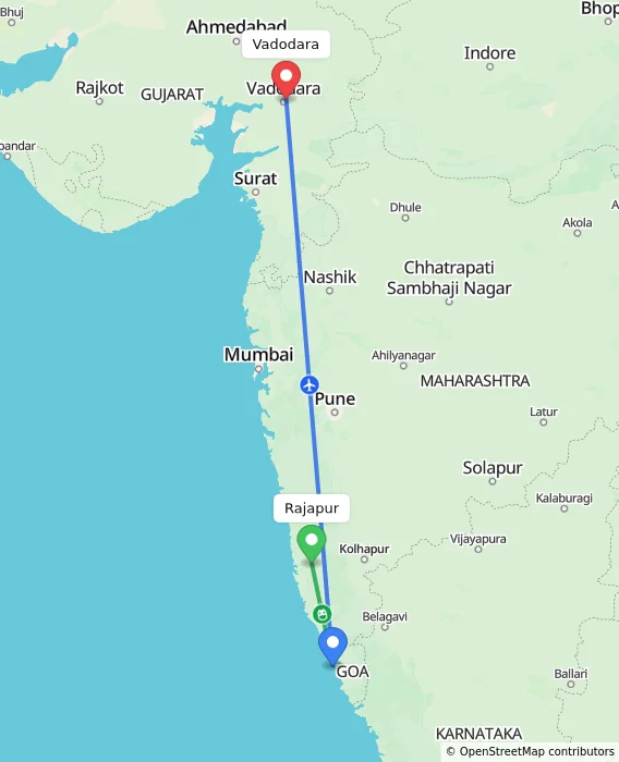 Route map showing distance and travel time from Rajapur, India to Vadodara, India