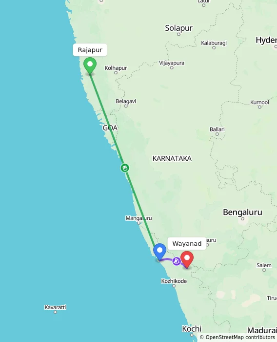 Route map showing distance and travel time from Rajapur, India to Wayanad, India