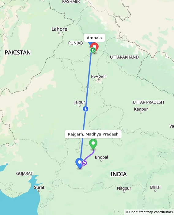 Route map showing distance and travel time from Rajgarh, Madhya Pradesh, India to Ambala, India