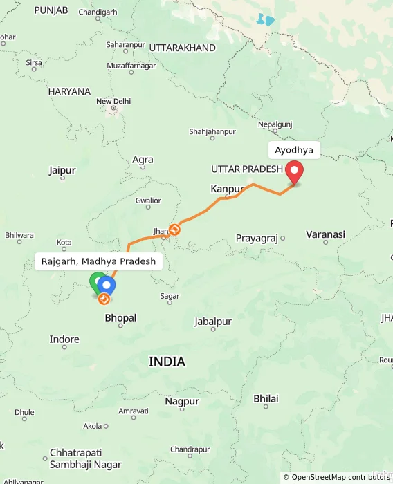 Route map showing distance and travel time from Rajgarh, Madhya Pradesh, India to Ayodhya, India