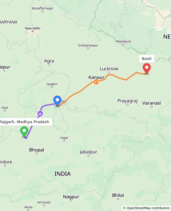 Route map showing distance and travel time from Rajgarh, Madhya Pradesh, India to Basti, India