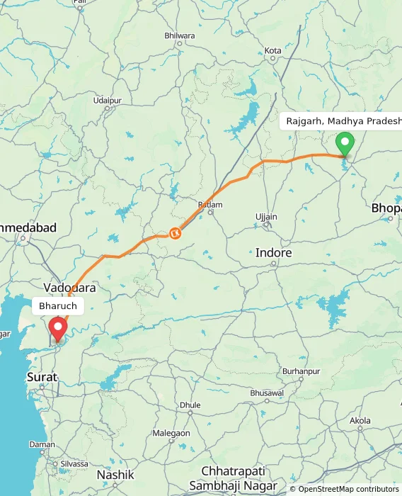 Route map showing distance and travel time from Rajgarh, Madhya Pradesh, India to Bharuch, India