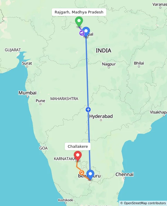 Route map showing distance and travel time from Rajgarh, Madhya Pradesh, India to Challakere, India