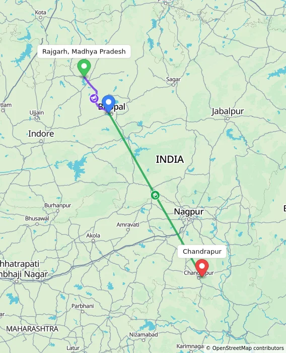 Route map showing distance and travel time from Rajgarh, Madhya Pradesh, India to Chandrapur, India