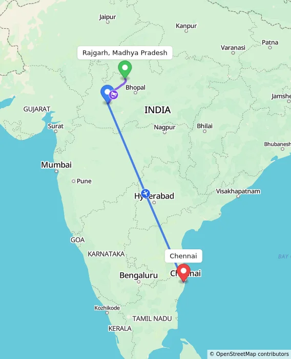 Route map showing distance and travel time from Rajgarh, Madhya Pradesh, India to Chennai, India