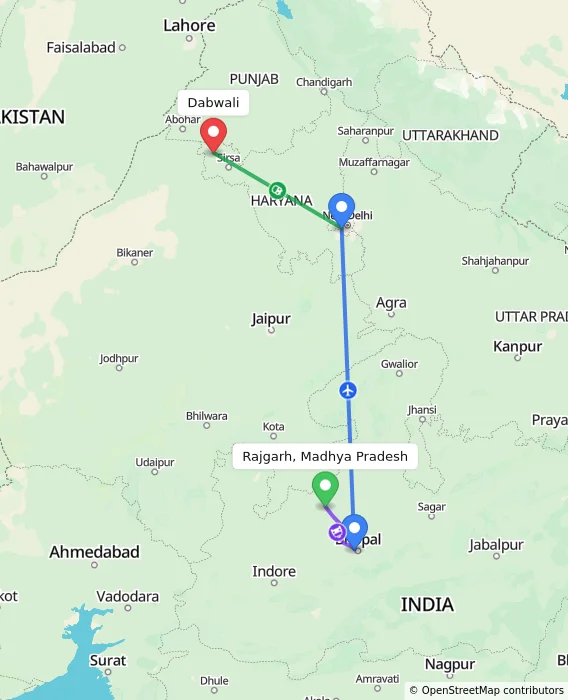 Route map showing distance and travel time from Rajgarh, Madhya Pradesh, India to Dabwali, India