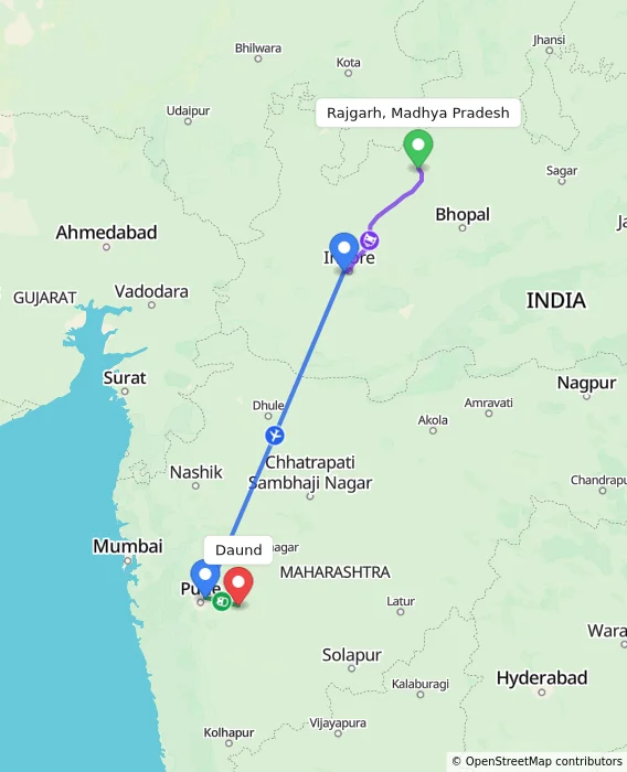 Route map showing distance and travel time from Rajgarh, Madhya Pradesh, India to Daund, India