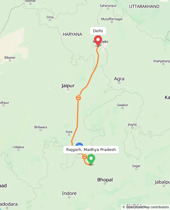 Route map showing distance and travel time from Rajgarh, Madhya Pradesh, India to Delhi, India
