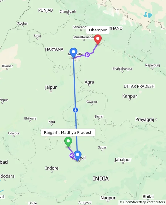 Route map showing distance and travel time from Rajgarh, Madhya Pradesh, India to Dhampur, India