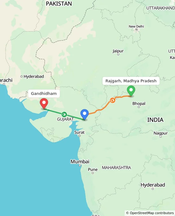 Route map showing distance and travel time from Rajgarh, Madhya Pradesh, India to Gandhidham, India