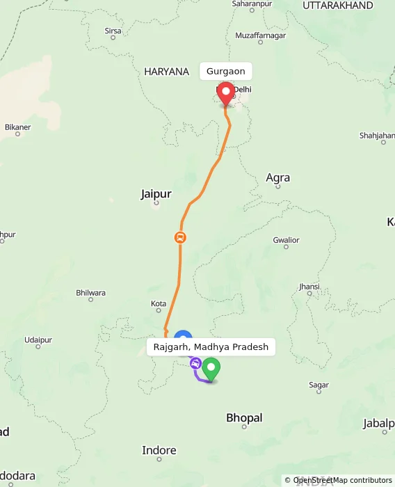 Route map showing distance and travel time from Rajgarh, Madhya Pradesh, India to Gurgaon, India