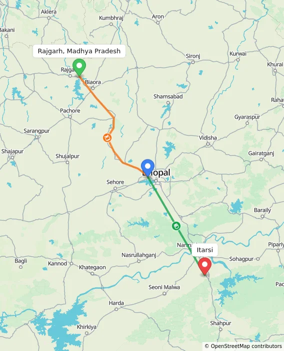 Route map showing distance and travel time from Rajgarh, Madhya Pradesh, India to Itarsi, India