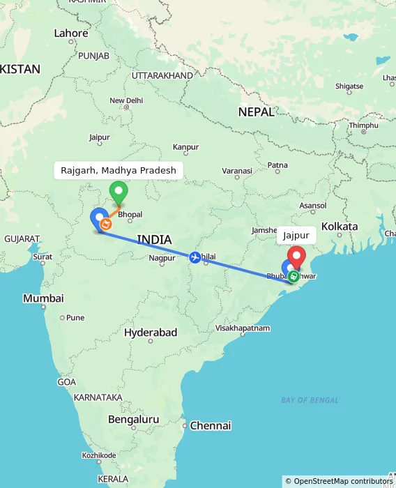 Route map showing distance and travel time from Rajgarh, Madhya Pradesh, India to Jajpur, India